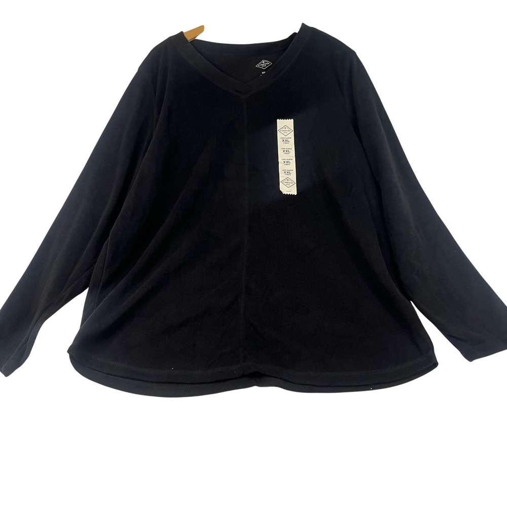 St Johns Bay WoMens XXL Black Fleece‎ V-Neck Long Sleeve Pullover Top 829-0317